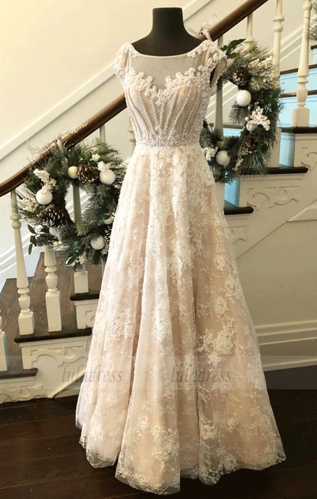 A-Line Bateau Cap Sleeveless Lace Long Prom Dress With Beading