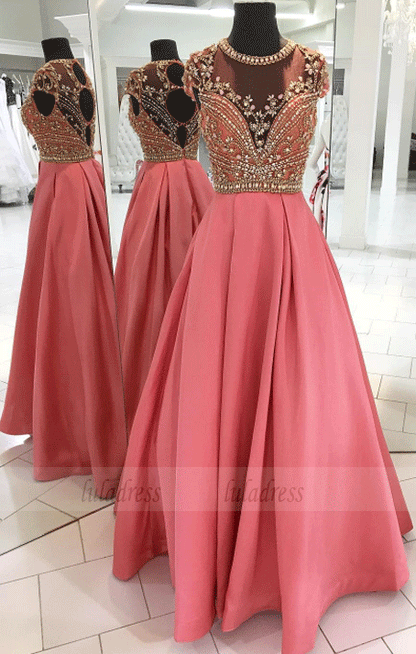 A-Line Jewel Cap Sleeves Long Prom Dress With Beading Keyhole