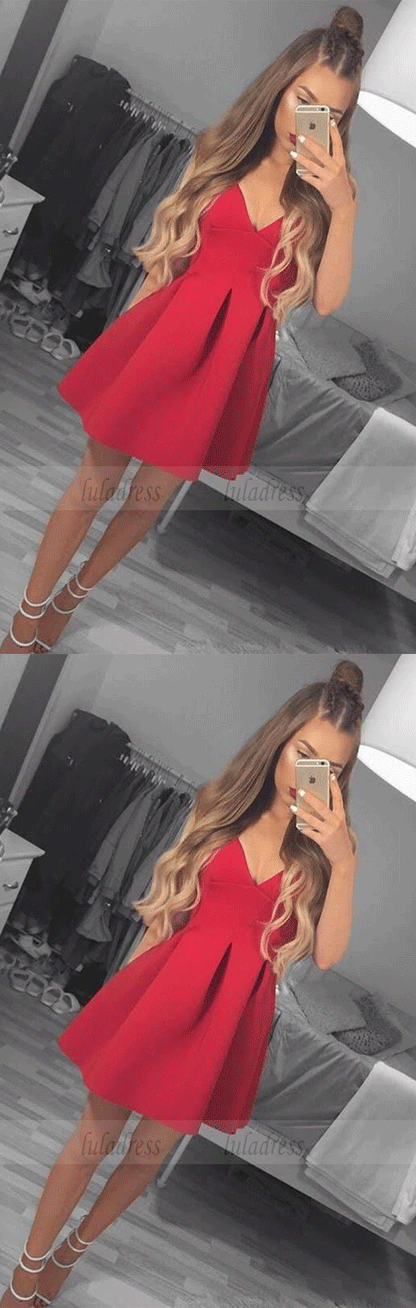 Red Satin Short Homecoming Dress With Pleats,BW97190