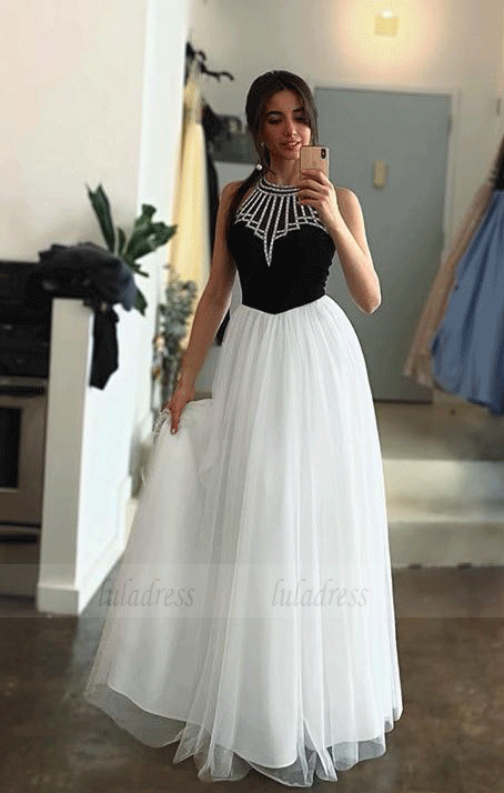 Unique Black White Tulle Halter Long Prom Dress A Line Party Dress