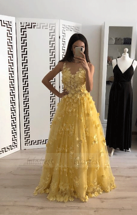 Sleeveless Appliques A Line Long Prom Dresses