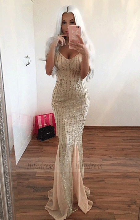 Mermaid Spaghetti Straps Long Prom Dress with Beading