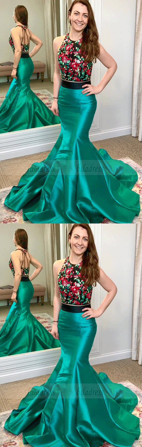Two Piece Round Neck Sweep Train Green Prom Dress with Embroidery,BW97037