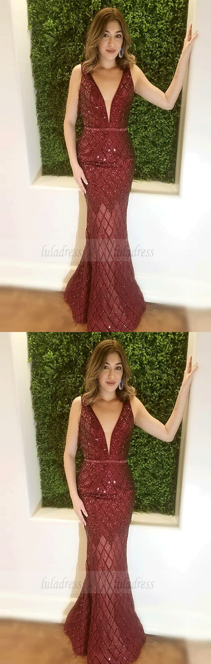 Mermaid Deep V-Neck Long Burgundy Prom Dress with Sequins,BW97038