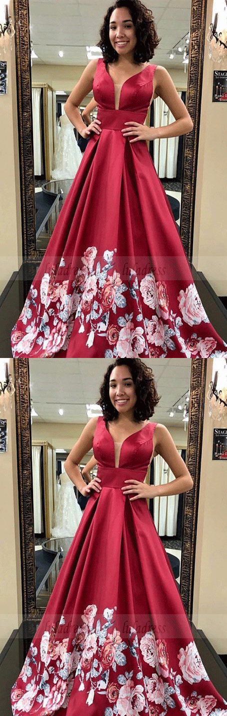 A-Line V-Neck Long Dark Red Floral Satin Prom Dresses