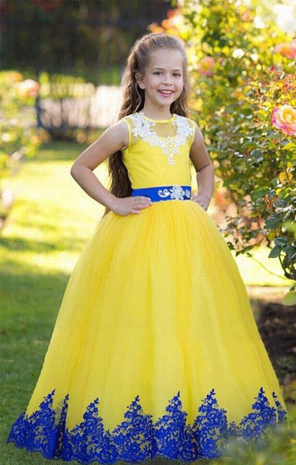 Yellow Flower Girl Dress Royal Blue Lace Girl Dress