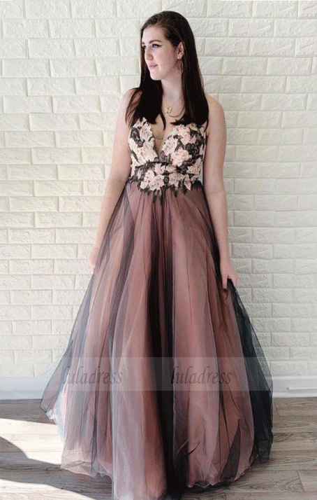 V Neck Tulle Long Prom Dress,Lace Tulle Evening Dress