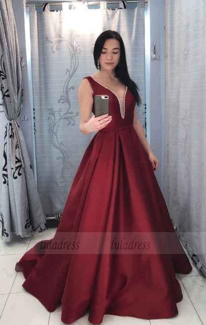 Burgundy V Neck Satin Long Prom Dress,Burgundy Satin Evening Dress