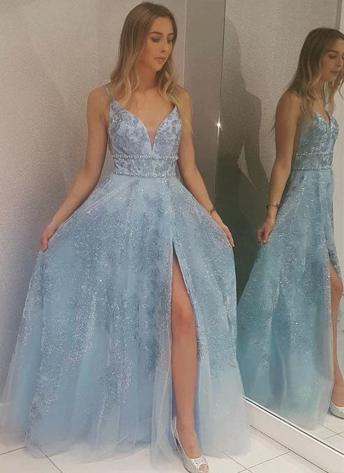 A-Line V-neck Floor-Length Light Blue Prom Dress with Appliques Beading,BW97492