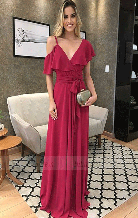 A Line One Shoulder Chiffon Long Cap Sleeveless Prom Dresses