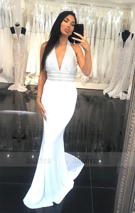 V Neck Backless Elastic Satin Beading White Long Prom Dresses