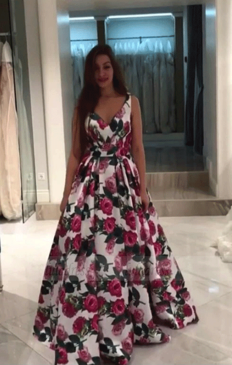 V Neck Sweetheart Floral Prom Dresses