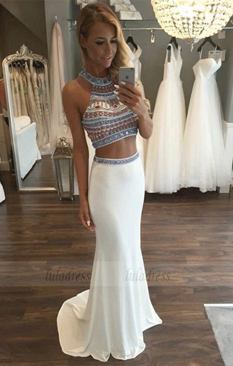 Two Piece Jewel Sweep Train White Stretch Satin Prom Dress with Beading