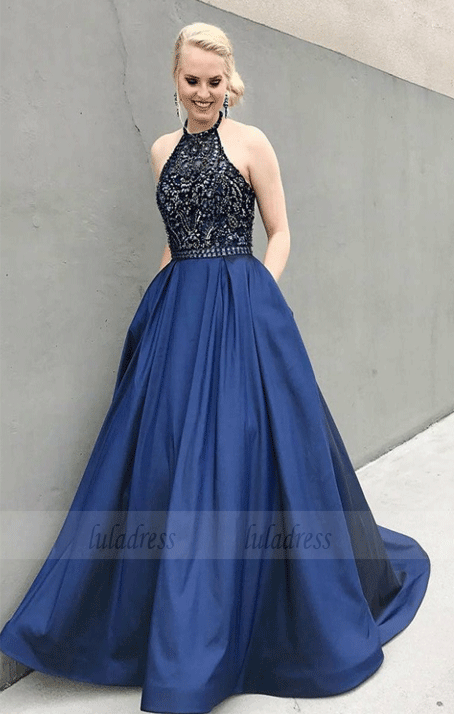 A-Line Halter Sweep Train Satin Prom Dresses