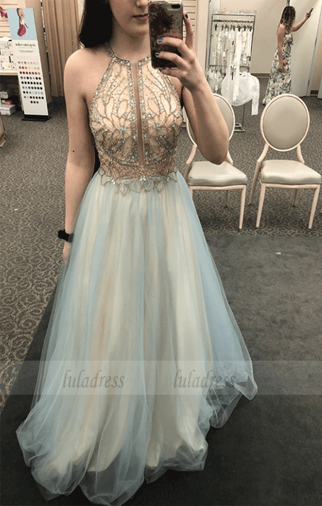 A-Line Jewel Sweep Train Sage Tulle Sleeveless Prom Dress with Beading