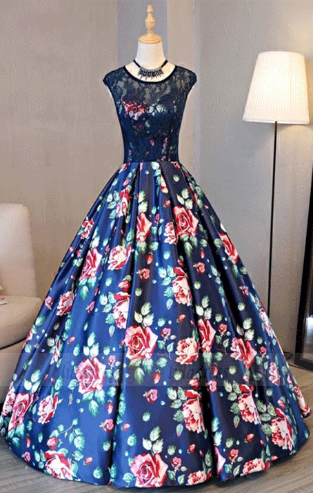 Cap Sleeves Royal Blue Printed Satin Open Back Prom Dress with Lace