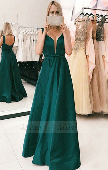 V Neck Open Back Long Prom Dresses,Elegant Evening Party Dresses