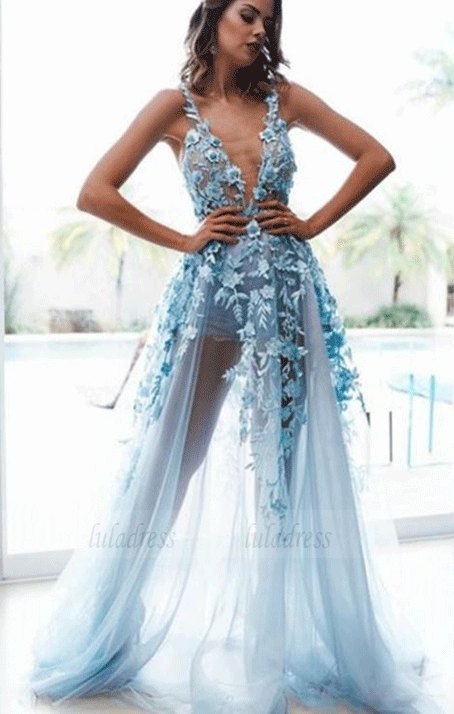 Spaghetti Straps Blue Long Prom Dress Appliques Evening Gowns Backless, BW97620