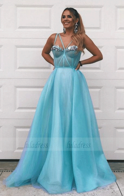 Spaghetti Straps Ball Gown, Sweetheart Open Back Evening Dress