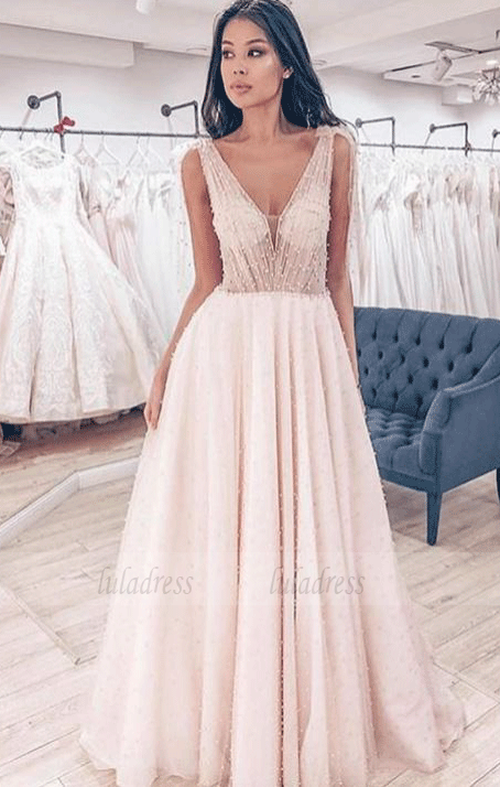 Plunging V Neck Long Prom Dress with Beading