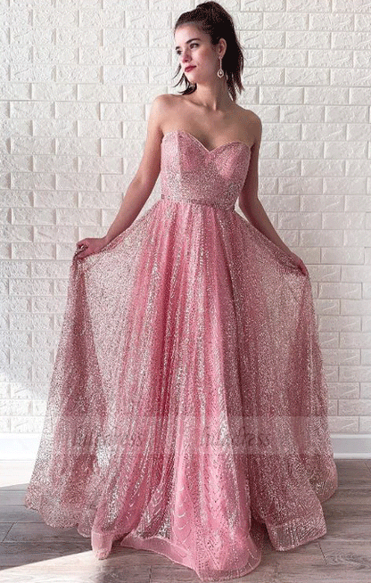 Sparking Sweetheart Tulle Long Pink Prom Dress