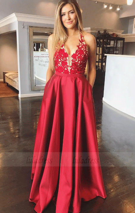 Backless Halter Long Prom Dresses with Appliques