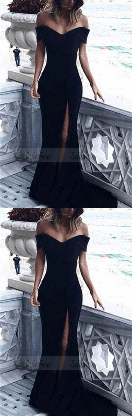 Black Jersey Mermaid V-neck Prom Dresses Off The Shoulder Evening Gowns