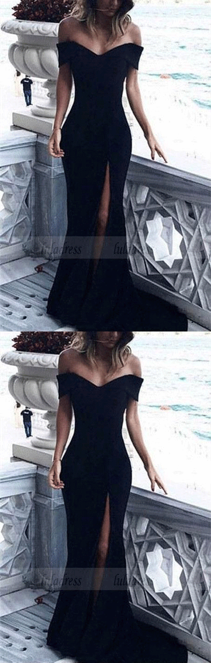 Black Jersey Mermaid V-neck Prom Dresses Off The Shoulder Evening Gowns