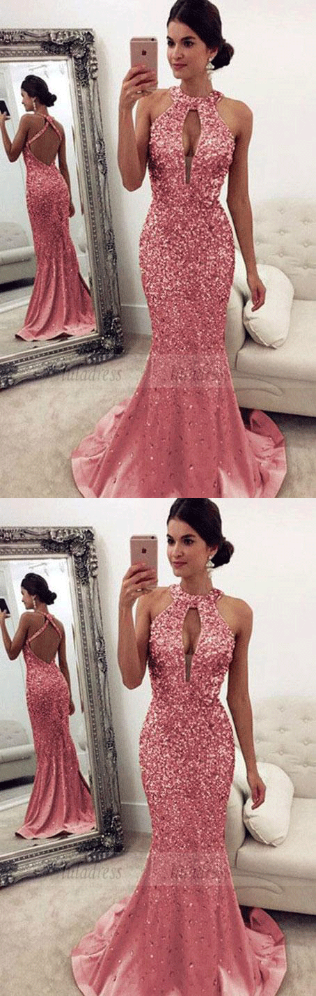 Luxurious Crystal Beaded Halter Open Back Mermaid Evening Dresses pink Prom Dresses