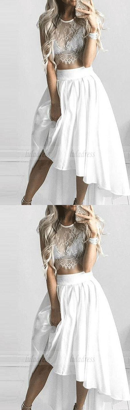 Short Princess Prom Dresses, White Sleeves With Lace High-Low Prom Dresses