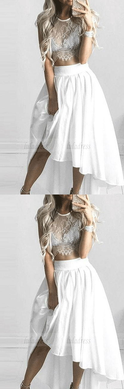 Short Princess Prom Dresses, White Sleeves With Lace High-Low Prom Dresses