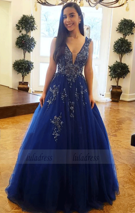 A-line Halter Navy Prom Dresses with Beaded Bodice