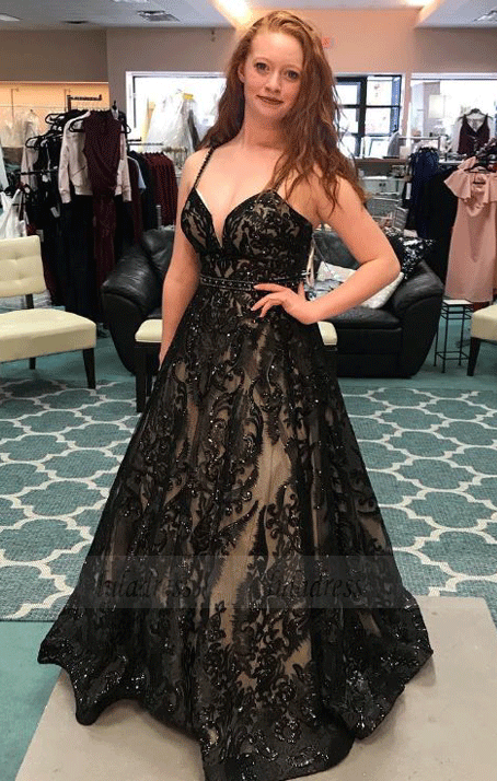 Black Spaghetti Strap Formal V Neck Long Prom Dresses