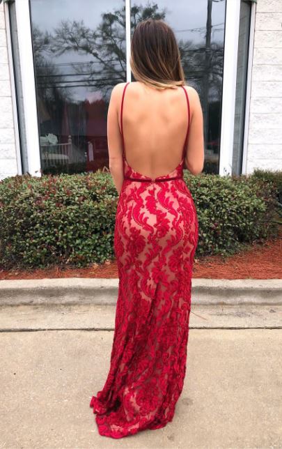 Halter Red Lace Prom Dresses, Red Lace Formal Dresses