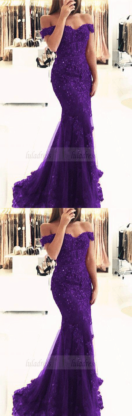 purple lace mermaid prom dresses beaded v neck evening gowns off the shoulder prom dress,BD98057
