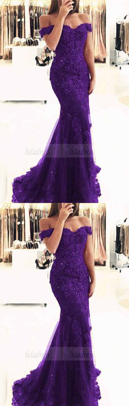 purple lace mermaid prom dresses beaded v neck evening gowns off the shoulder prom dress,BD98057