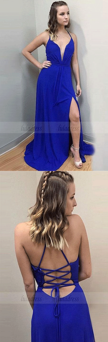 simple royal blue long prom dresses for teens, sexy spaghetti straps cross back mermaid prom party dress