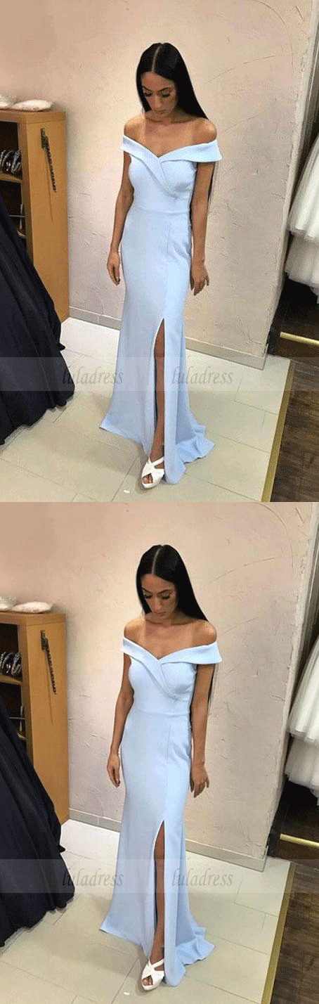 Light Blue Bridesmaid Dress,Mermaid Evening Gowns,Slit Prom Dress,Off Shoulder dress,BD98136