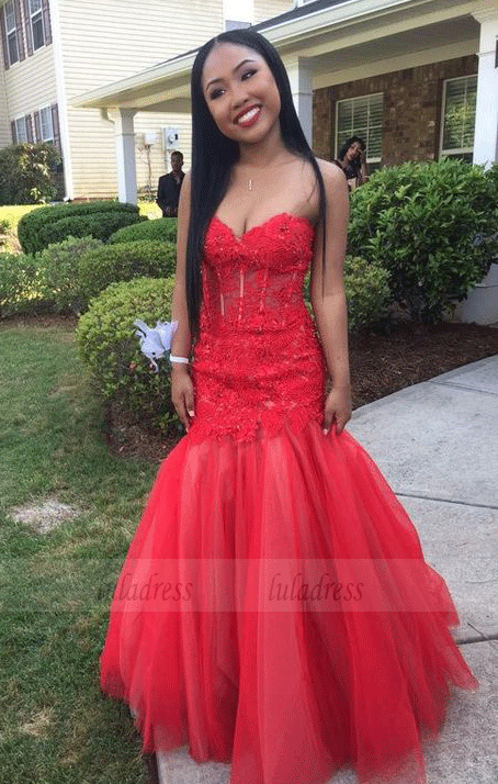 Red Prom Gown,Lace Prom Gowns