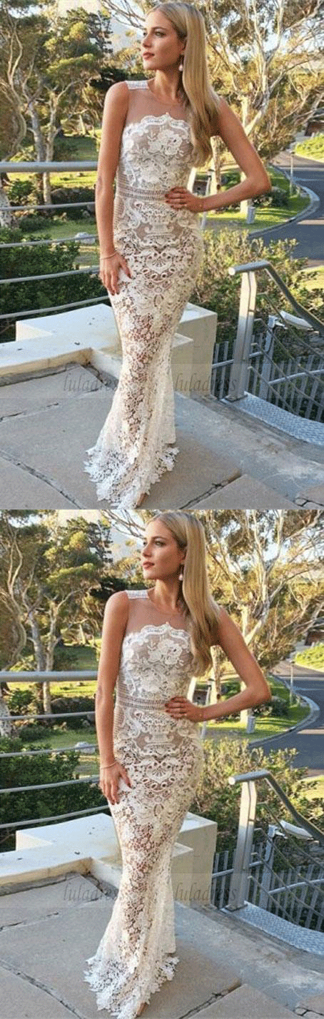 unique white lace mermaid prom dresses, modest round neck evening gowns