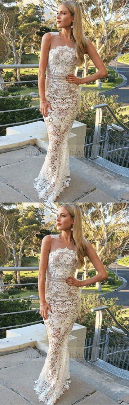 unique white lace mermaid prom dresses, modest round neck evening gowns