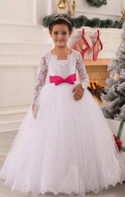 Princess Illusion Long Sleeves Flower Girl Dress Puffy Lace Appliques White Kids Wedding Party Dresses