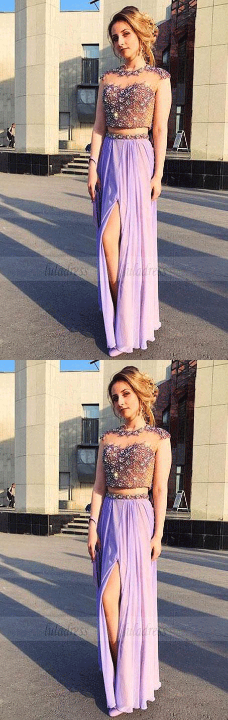 Sexy Sleeveless Prom Dress, Beaded Two Piece Prom Dresses, High Slit Long Party Dress