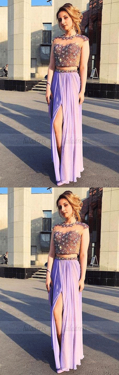 Sexy Sleeveless Prom Dress, Beaded Two Piece Prom Dresses, High Slit Long Party Dress,BD99024