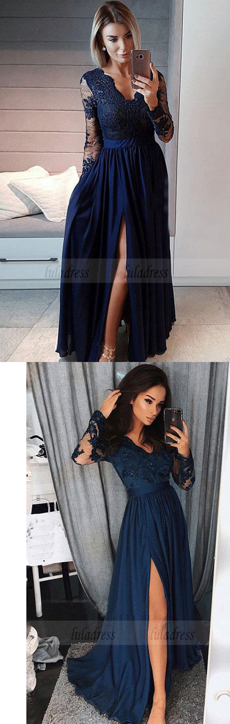 v neck long prom dresses with sleeves, unique long sleeves evening dresses with split