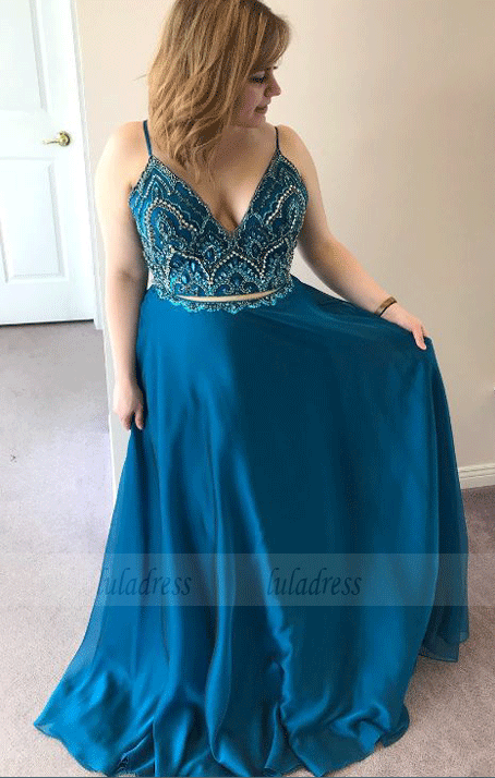 Two Piece Peacock Blue Chiffon Long Prom Dress