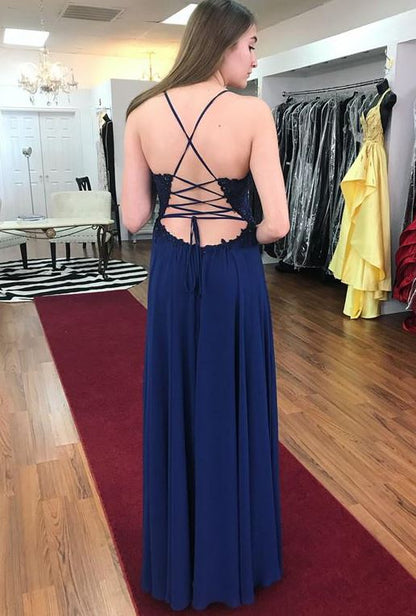 A Line Spaghetti Straps Lace Navy Blue Chiffon Long Prom Dresses