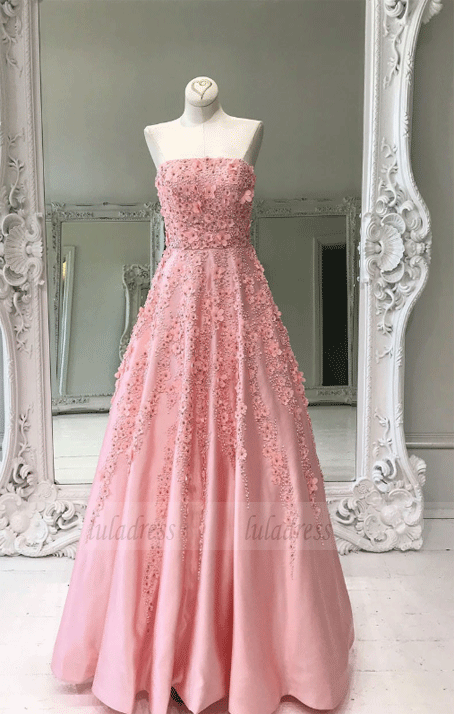 Beaded Appliqued Pink Long Prom Dresses Quinceanera Dress