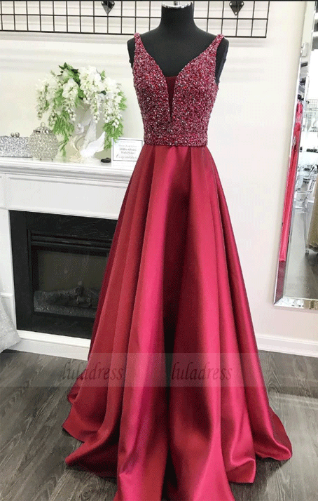 A-line V-neck Beaded Bodice Burgundy Satin Long Prom Dresses