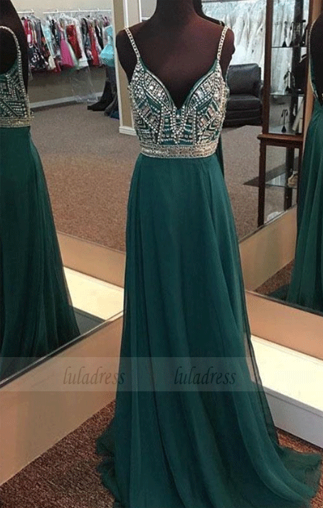 V-neck Spaghetti Strap Chiffon Long Beaded Prom Dresses